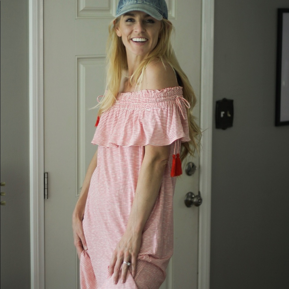 LOFT off-shoulder knee-length red striped dress